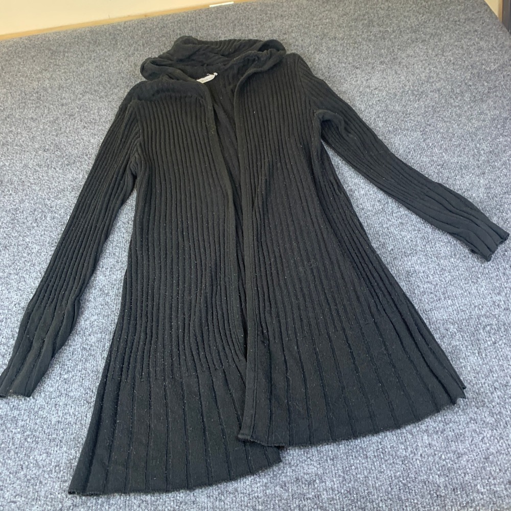 CB Design Womens S Black Ribbed Knit Hooded Open Front Longline Cardigan READ